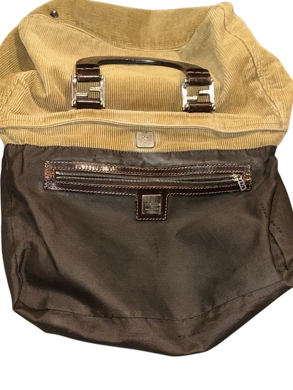 FENDI Corduroy Tote Bag with Dark Brown Leather Handles Vintage - Image 11