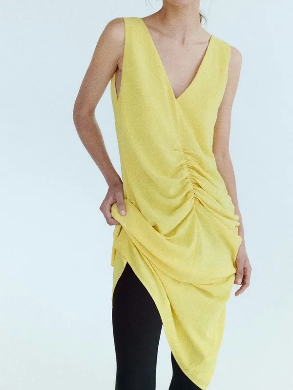 Zara V-Neck Yellow Ruched Midi Dress - Image 6