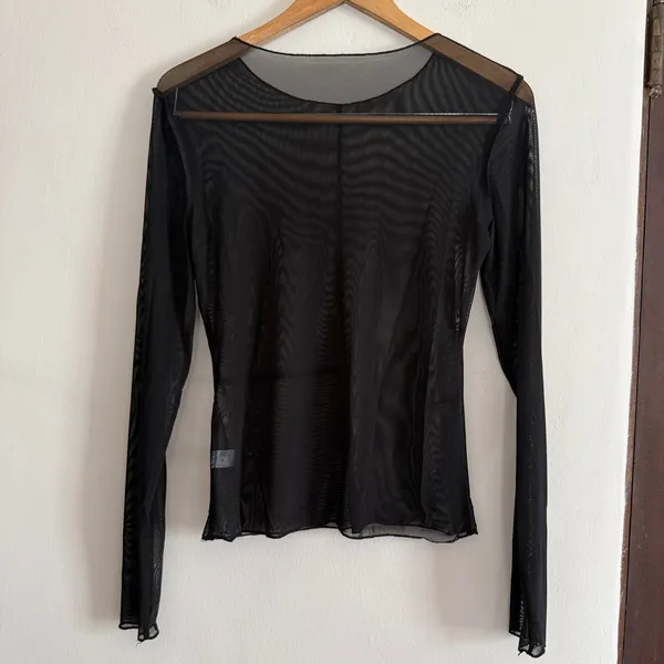 Black Sheer Mesh Asymmetrical Seamed Long Sleeve Top Small Goth Industrial Rave - Image 4