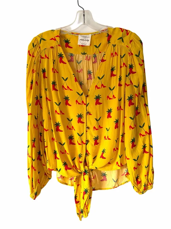 Anthropologie Kendra Dandy Dreamer Yellow Heel Print Tie Front Blouse size 0 - Image 4