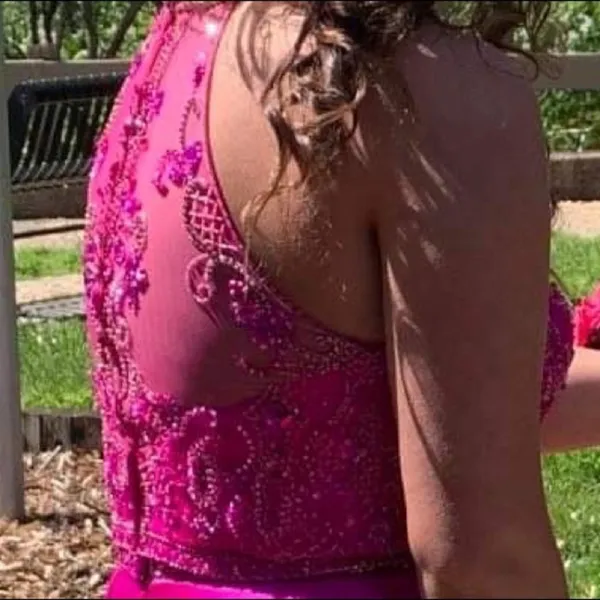 Mori Lee Fuchsia Embellished 2 Piece Prom Dress Size 10 Halter Gown - Image 2