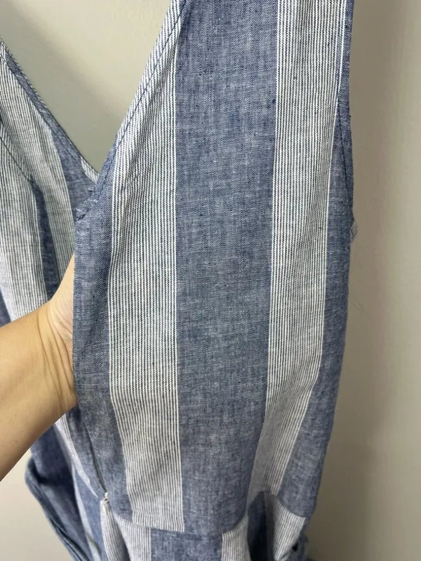 Beach Lunch Lounge Linen Blend Cropped Jumpsuit Blue Stripe Wide Leg Coastal Lg - Image 13