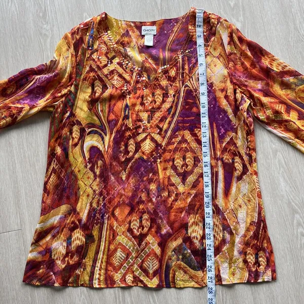 Chicos Blouse Womens Size 2 Large Multicolor Silk Sheer Beaded Tunic Top Boho - Image 9