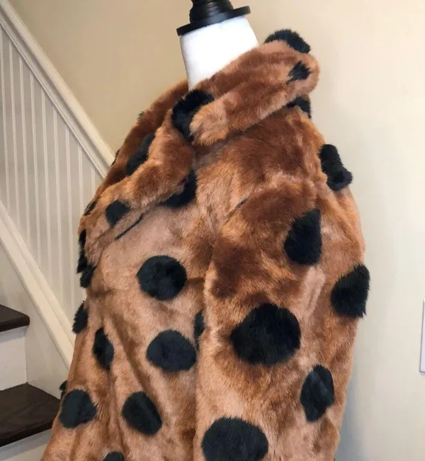 ICHI GINGERBREAD BROWN Faux Fur Coat With Abstract Accents Sz 40 Large NWT - Image 5