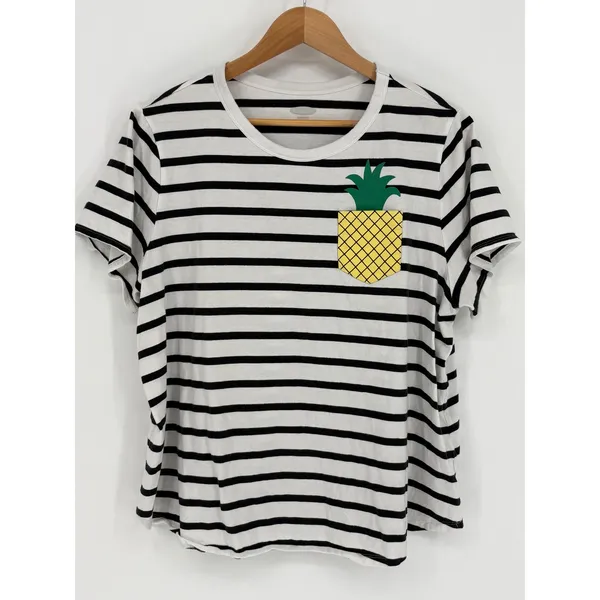 Old Navy Pineapple Pocket‎ T-Shirt Womens XXL White Black Striped Casual Tee - Image 2