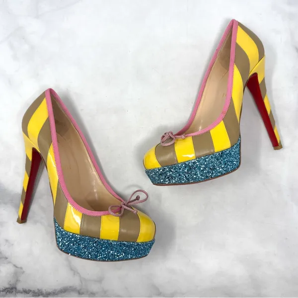 Christian Louboutin Foraine 140 Bow Striped Leather Glitter Platform Pumps Heels - Image 3