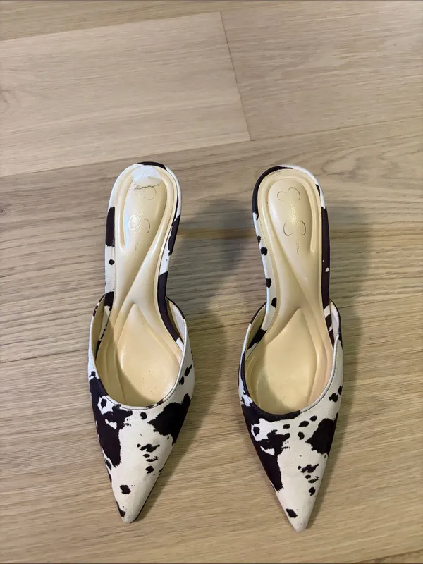 Jessica Simpson Cowprint Pointed Mule Heels - Brown & White - Image 2