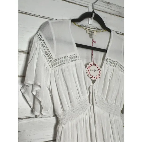 Umgee V-Neck Smocked Waist Flutter Sleeve Midi Dress White Small - Image 6