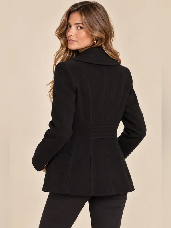 London Fog Black Double Breasted Wool Blend Longline Minimalist Pea Coat Small - Image 3
