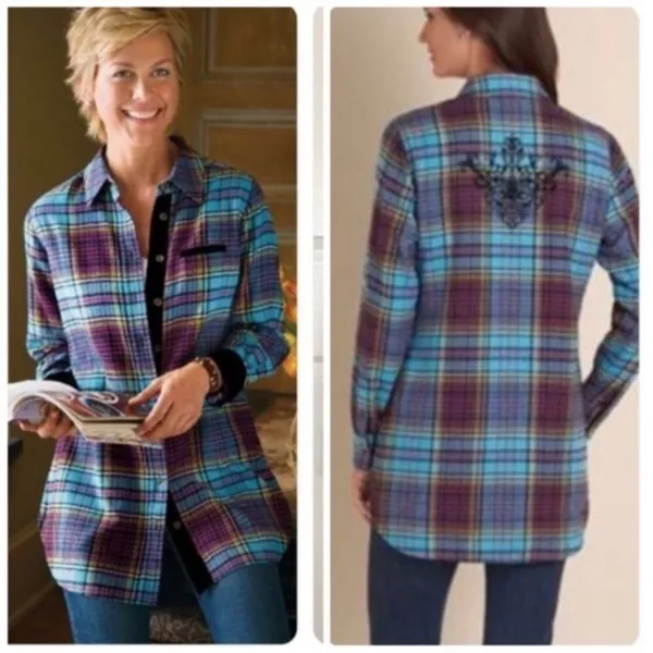 Soft Surroundings‎ Blue Plaid Highlands Flannel Button Shirt Womens Size Medium - Image 2