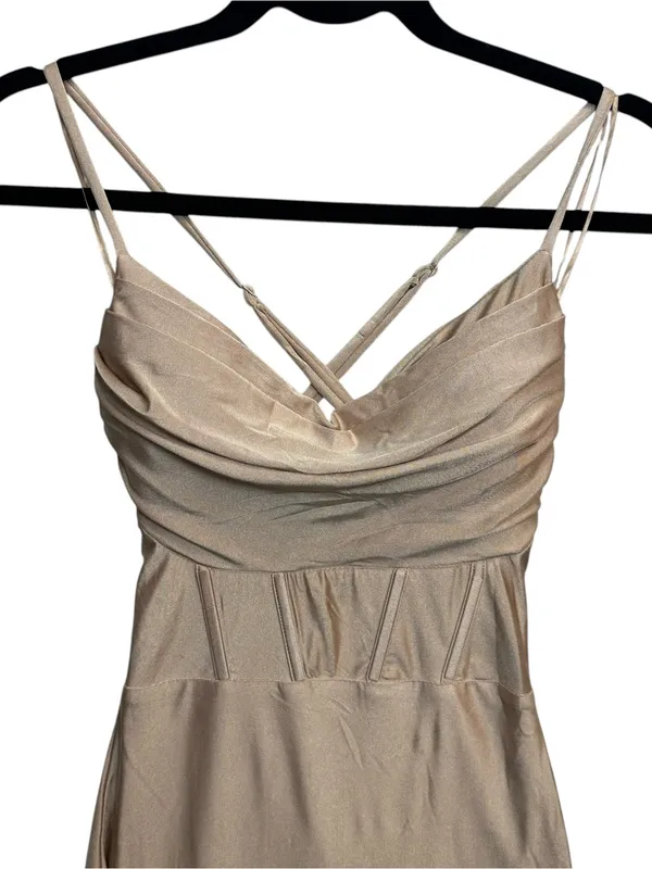 Windsor Taupe Satin Maxi Dress XS Cowl Neck Strappy Open Back Formal Gown NWT - Image 5