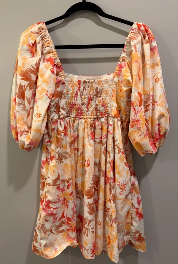 Abercrombie & Fitch Peach Floral Emerson Poplin Puff Sleeve Square Neck Mini Dress - Image 5
