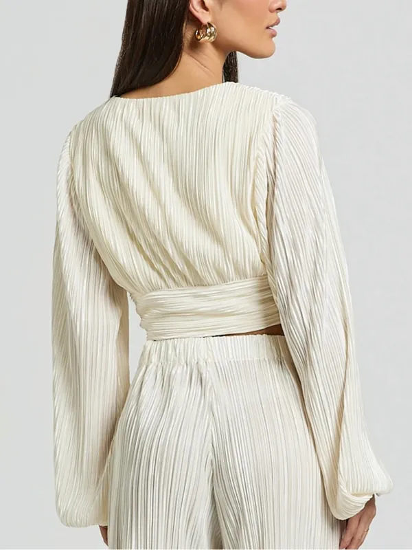 ShowPo Ivory Satin Jondra Ruched Front Long Sleeve Plisse Blouse NWT 4 - Image 5