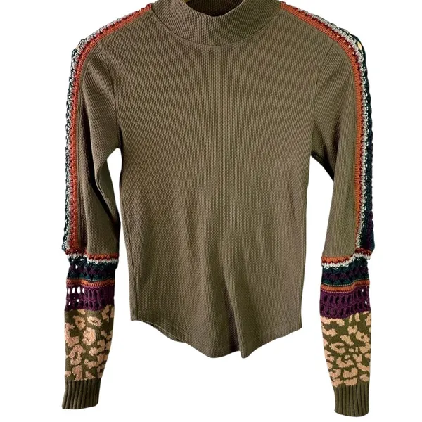 Free People Switch It Up Thermal Top Knit Cuffs Olive Green Size XS - Image 2