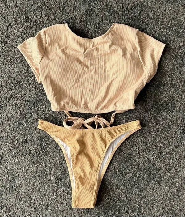Ribbed t shirt tie back bikini set tan Size L - Image 4