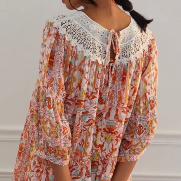 Anthropologie Lounge Dress Florence Floral Lace XS Boho Tiered Puff Sleeve - Image 13