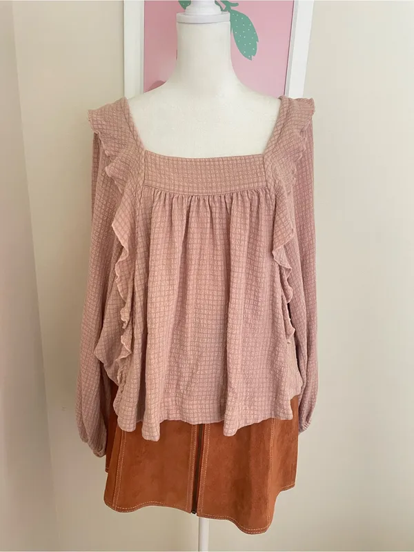 Free People Bonnie Blouse Dusty Pink Textured Ruffle Boho Top Size Small - Image 4