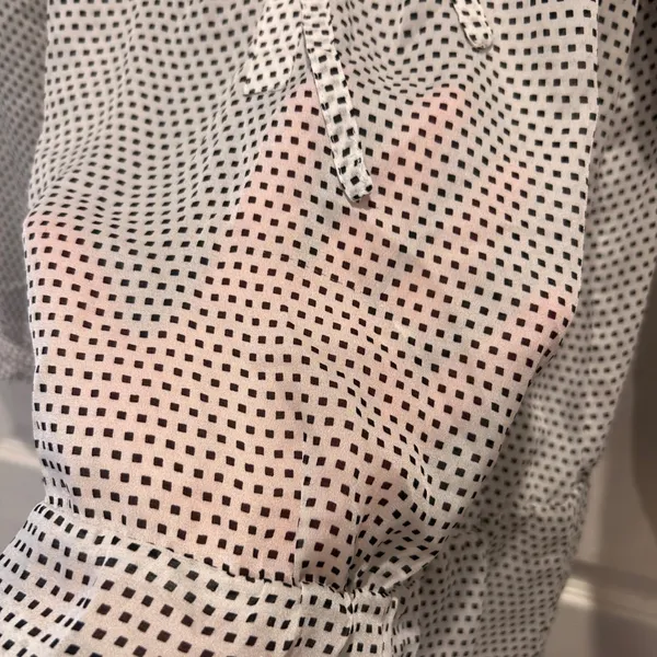 LOFT Women's Blouse Top‎ L White Black Square Dot Tie Neck Long Sleeve Career - Image 8