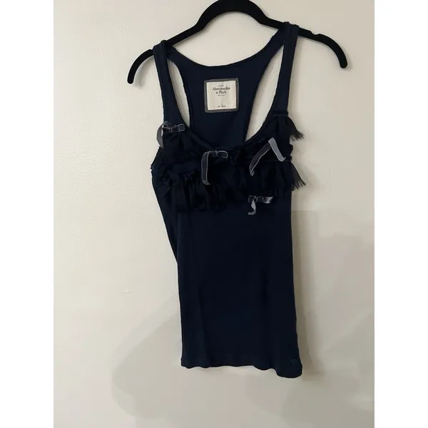 Abercrombie And Fitch Cotton Ribbed Tank Top Bow Embroidered Velvet Navy Blue L - Image 3