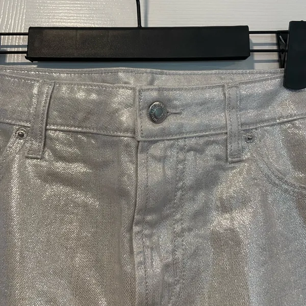 NWT Old Navy Size 8 Silver Shine Metallic Zip Stretch Denim A Line Mini Skirt - Image 2