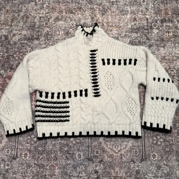 Zara Chunky Cable Knit Sweater | Black & Ivory Graphic | Mock Neck | Oversized S - Image 2