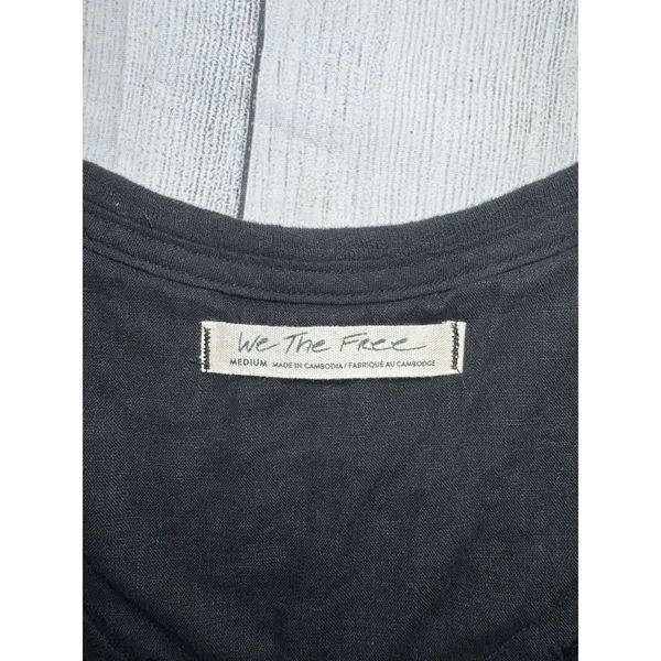 We The Free Free People Top Womens MEDIUM Black Linen Distressed Boho Cottage - Image 7