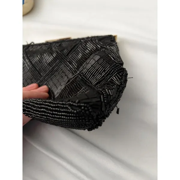 Vintage Marshall‎ Fields Black Beaded Clutch Hand Made Evening Bag Gold Chain - Image 4