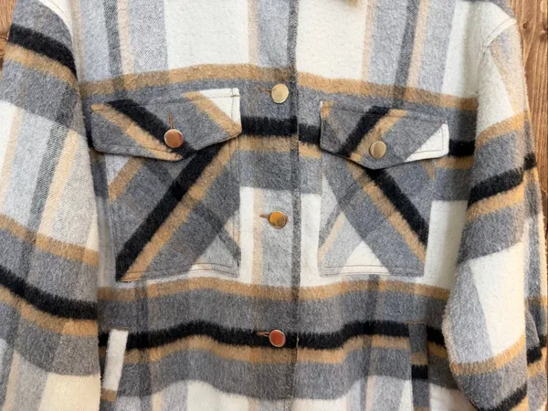 Zara Women’s Small Plaid Wool Blend Shacket Oversized Shirt Jacket Gray Tan (920 - Image 2