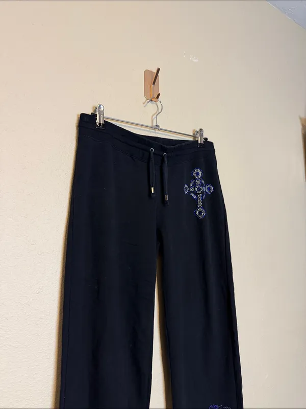 BCBG‎ MaxAzria Vintage Y2K Black Bling Flare Leg Sweatpants Size Large Low Rise - Image 3