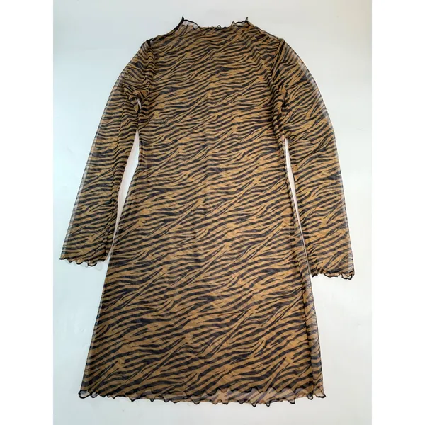 Brown Tiger Stripe Mesh Mock Neck Long Sleeve Lettuce Edge Mini Dress Womens - Image 2