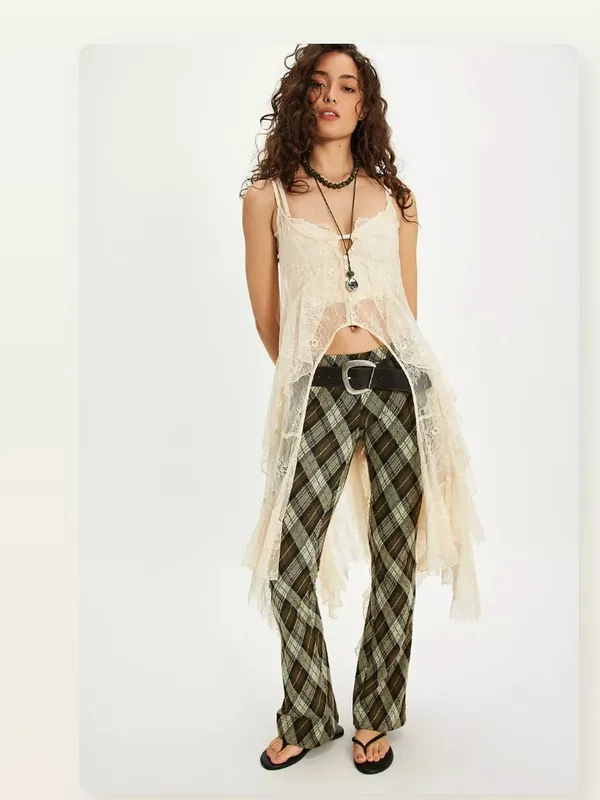 NWT Free People Chloe Plaid Flare Leg Knit Pants Small, OLIVE COMBO - Image 2