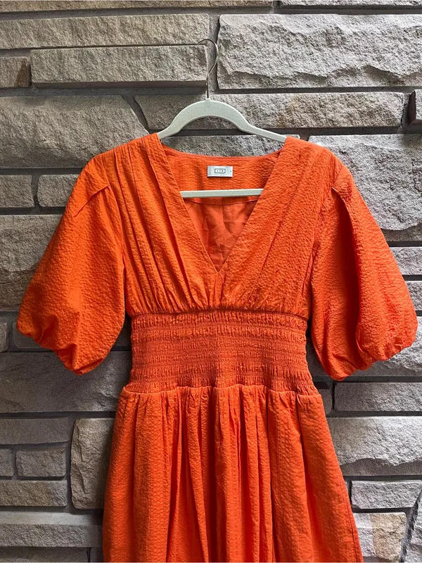 AYR Extra Extra Midi Dress Cara Orange Smocked Waist Tiered Cotton Size Small - Image 10
