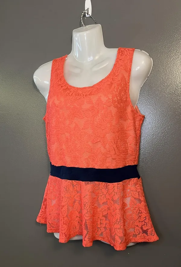 Rainbow Sandals Peplum Top Womens M Coral Lace Sleeveless Tank Black Waistband Layered - Image 3
