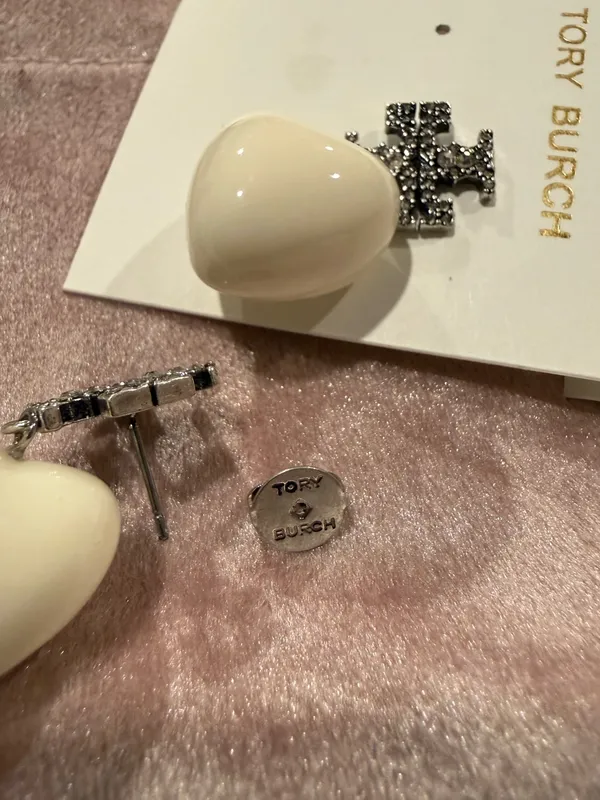Tory Burch | Silver Plated Crystal Pave Accent Logo Earrings & Cream Heart Drops - Image 2