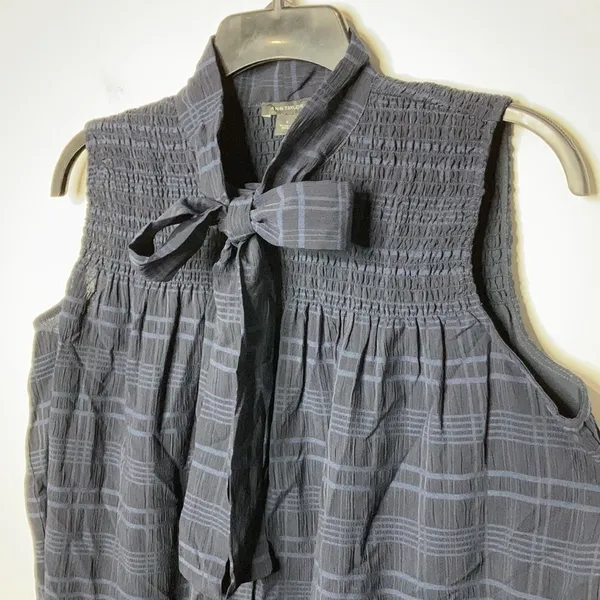 NWT Ann Taylor navy‎ blue plaid tie neck top size small - Image 5
