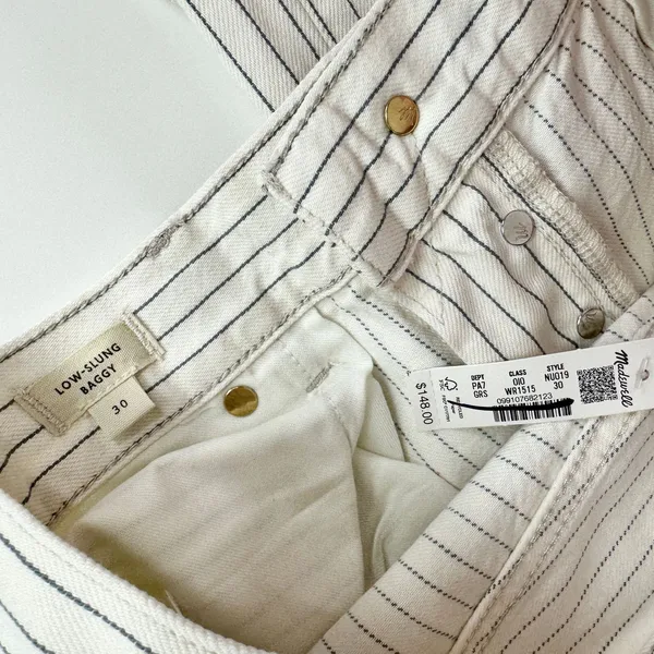 Madewell Low Slung Baggy Jeans Grey Railroad Stripe White Cream Rigid US 30 NWT - Image 13