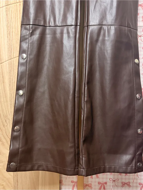 Superdown Revolve Paloma Vegan Faux Leather Chocolate Side Snap Flare Pants S - Image 3