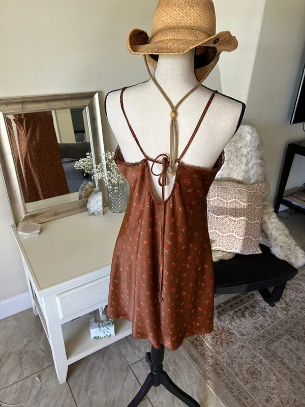 Wild fable, Brown, cherry print lace trim, slip mini dress large - Image 5