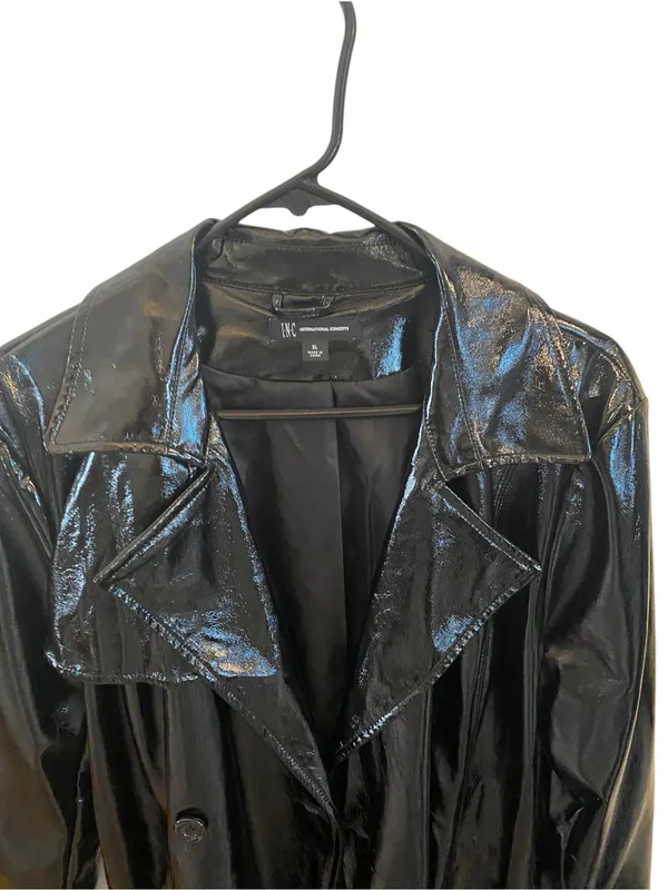 INC Glossy Black Patent Leather Belted Midi Trench Coat Goth Glam witchy 90s y2k - Image 7