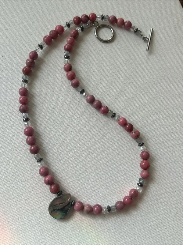 Handcrafted Rhodonite + Labradorite Beaded Necklace with Abalone Shell Pendant - Image 5