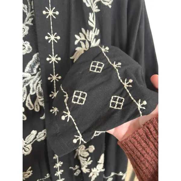 Boho Embroidered Blouse Black Flowy Open Beach Kimono Vacation Career Medium - Image 4