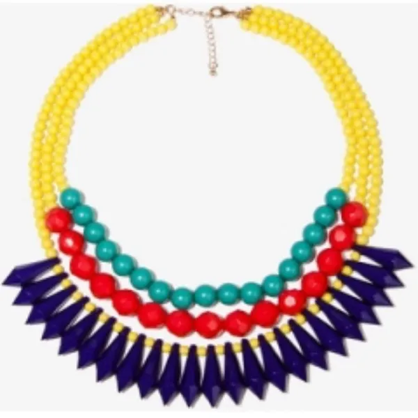 Yellow beaded red and green and blue statement necklace - Image 7