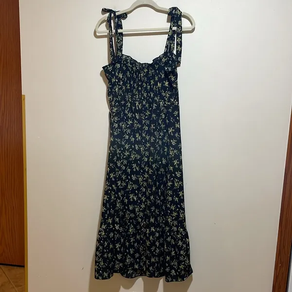o.p.t. Toile De Jouy Midi Dress Ruffle Tie Straps Black Floral Size Large - Image 9