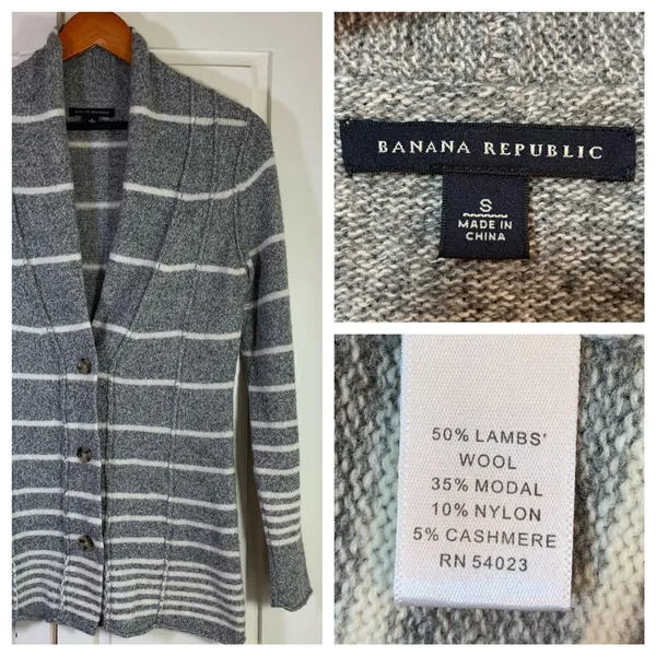 Banana Republic Womens‎ Striped Cardigan Sweater Size S Wool Blend Gray White - Image 12
