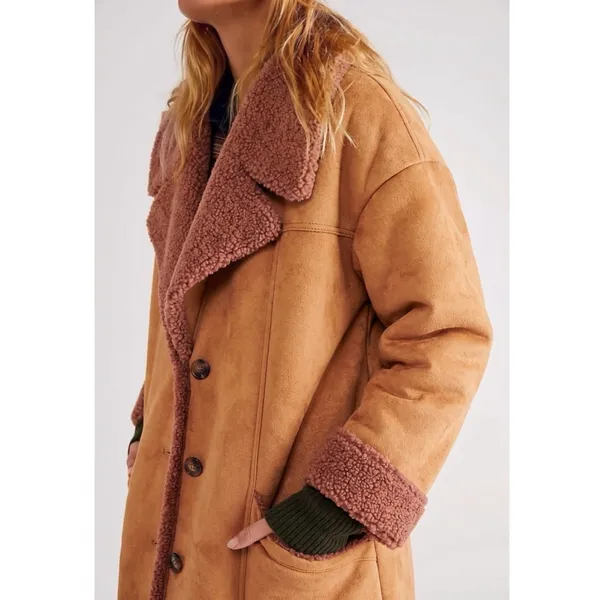 Free People Western Bohemian Retro 70s Faux Sherpa Suede Diogo Coat Size XL - Image 4