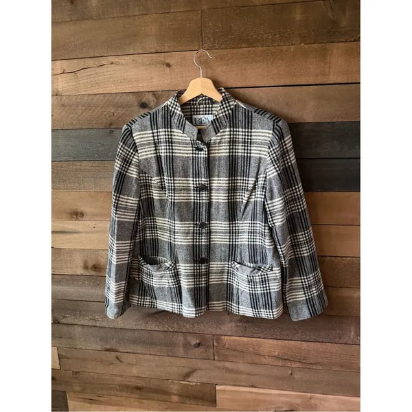 Vintage 90s Plaid Wool Blend Jacket Gray Black Cream Minimalist Coat - Image 2