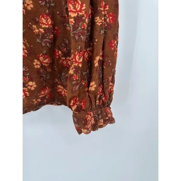 April Cornell Top Medium Floral Brown‎ Button Retro Cottagecore Boho Peasant Brown - Image 4