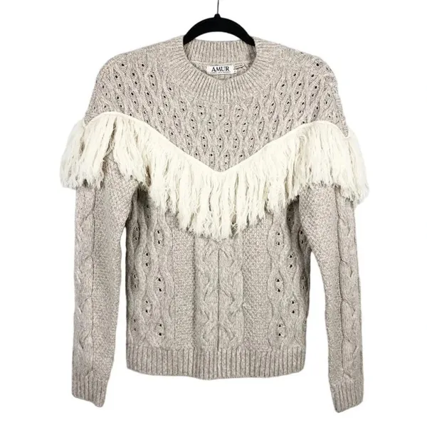 Amur Ulla Women's Size Large White Fringe Tan Cable Knit Wool Sweater v6x - Image 2
