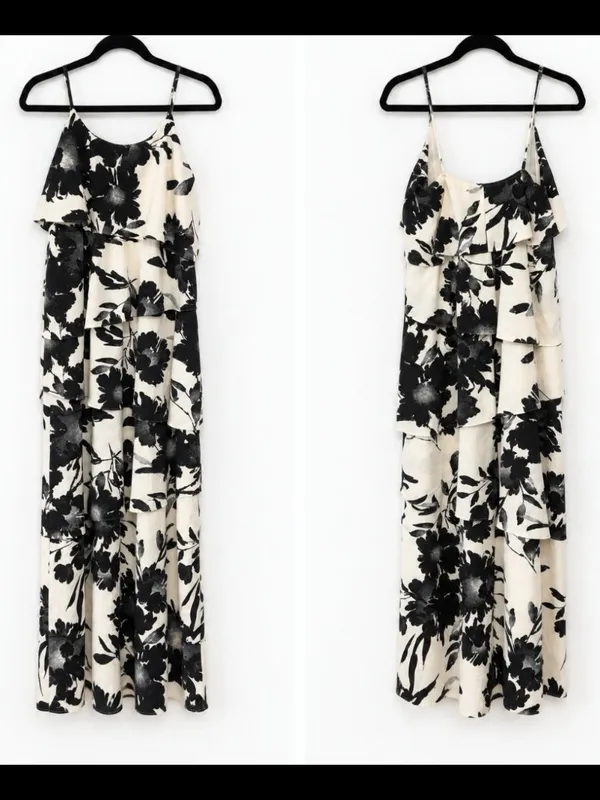 Old Navy Floral Tiered Full Length Maxi Dress in Black and Cream Size Medium - Image 3