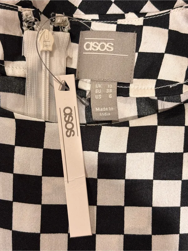 NWT ASOS Black White Checkered Satin Maxi Dress US 6 Mod Geometric - Image 5